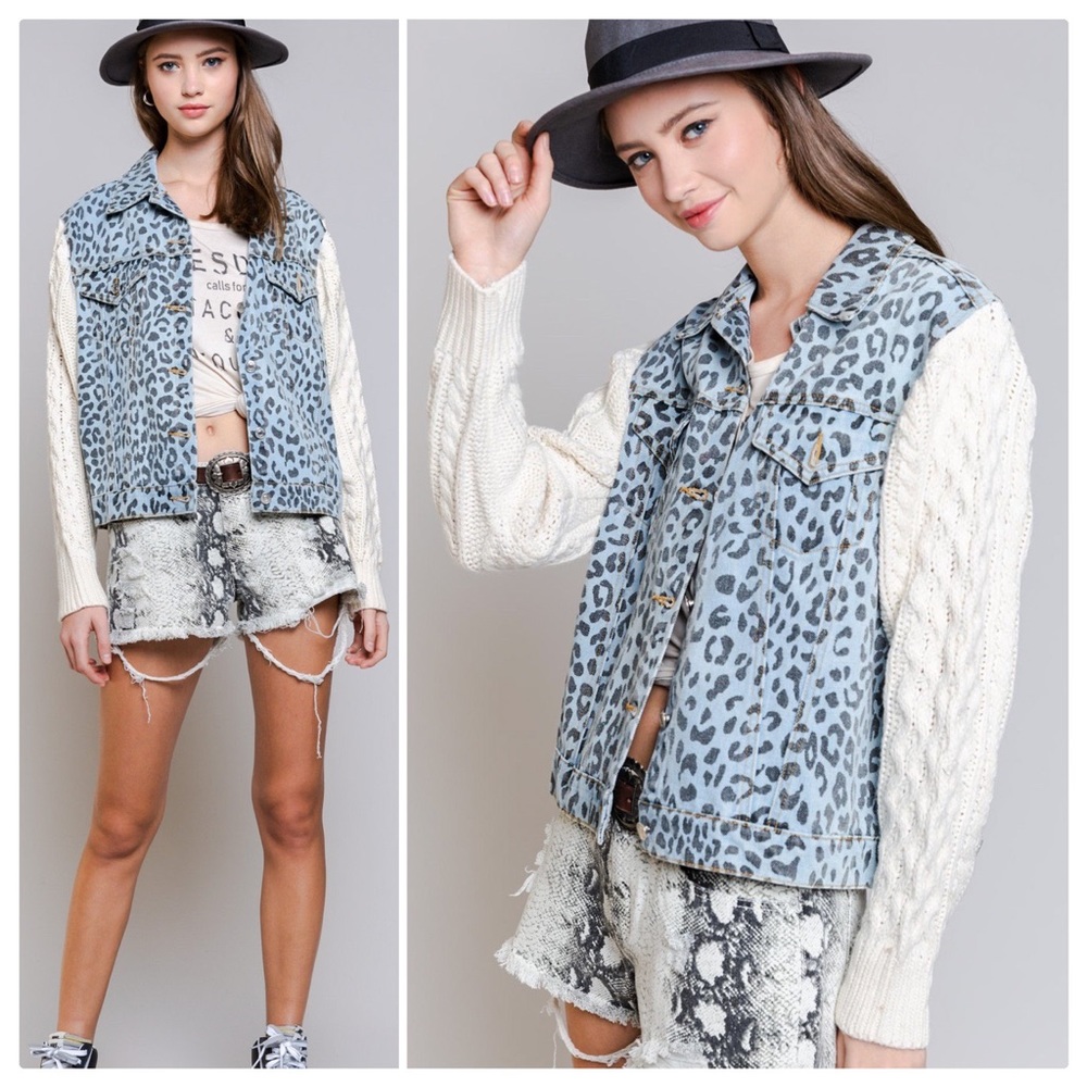 POL Snow Leopard Denim & Cable Knit Jacket - Picture 4 of 13